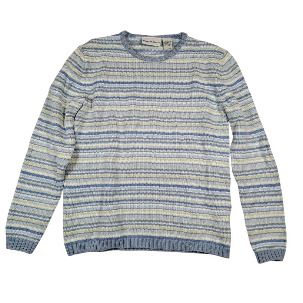 Appleseed's Women's Crewneck Sweater Sz S Small Blue White Striped‎ Cotton